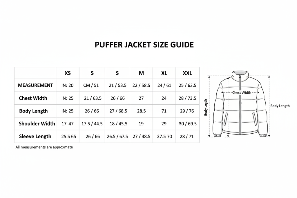 puffer jacket size chart