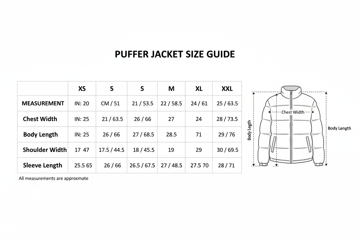 puffer jacket size chart